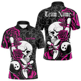 Maxcorners Custom Pink Roses And Skull Bowling Polo Shirts For Men, Team Bowling League Shirt