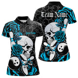 Maxcorners Custom Blue Roses And Skull Bowling Polo Shirts For Men, Team Bowling League Shirt