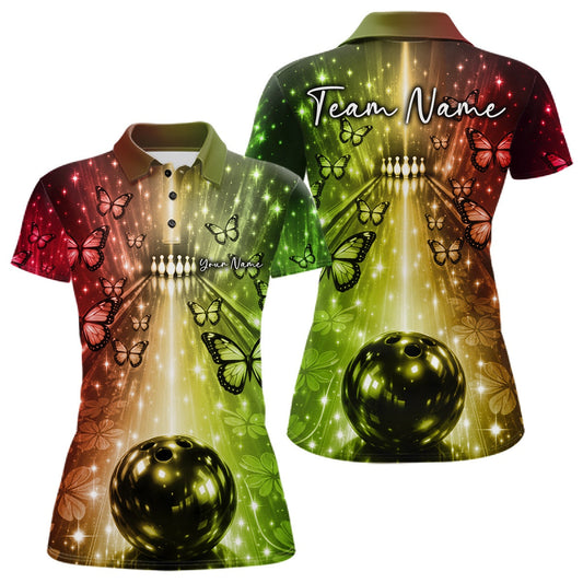 Custom Red And Green Galaxy Bowling Lane Butterfly Bowling Team Women Polo Shirt LM1203
