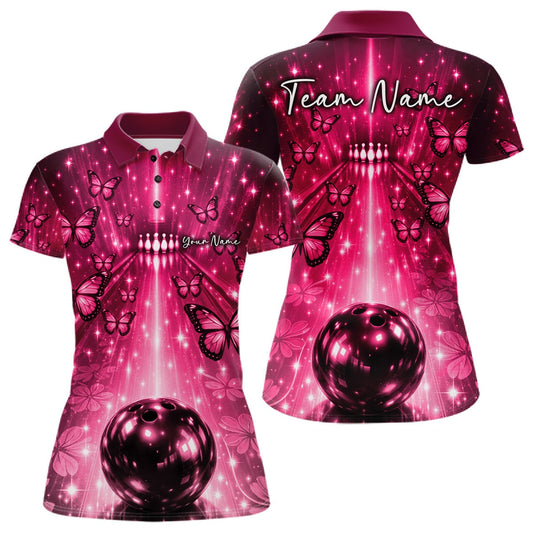 Custom Pink Galaxy Bowling Lane Butterfly Bowling Team Women Polo Shirt LM1203