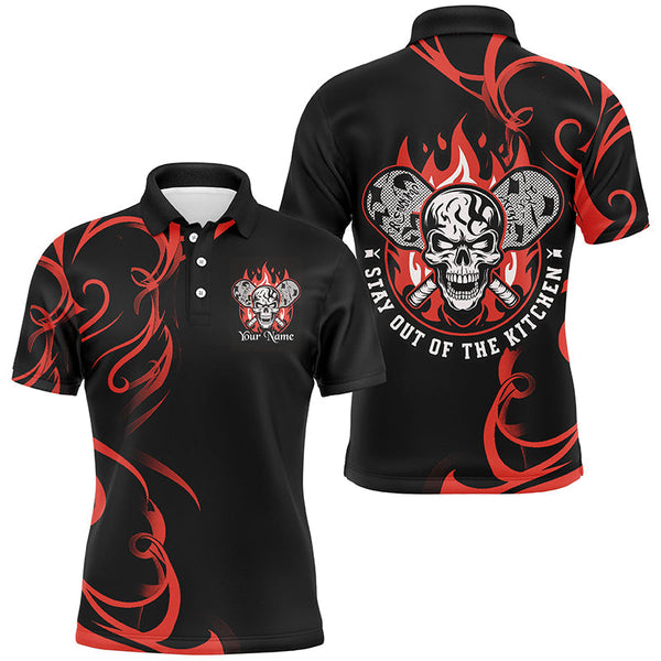 Maxcorners Custom Flame Skull Pickleball Polo Shirts For Men Sayings "Stay Out Of The Kitchen" | Red