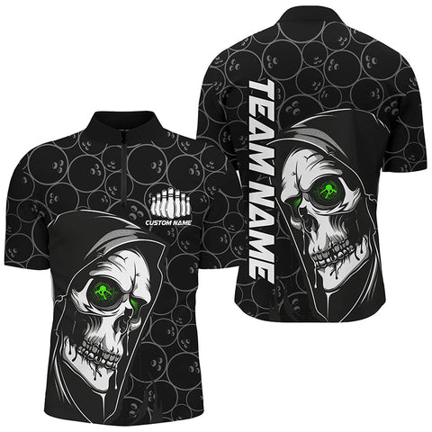 Maxcorners Bowling Ball And Pins Halloween Skull Multicolor Option Customized Name, Team Name 3D Polo Shirt