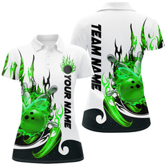 Maxcorners Bowling Ball And Pins Green Flame Customized Name, Team Name 3D Polo Shirt