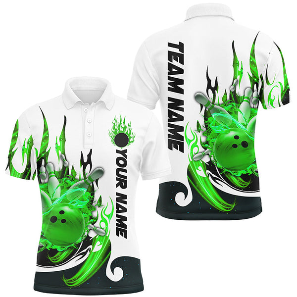 Maxcorners Bowling Ball And Pins Green Flame Customized Name, Team Name 3D Polo Shirt