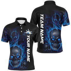 Maxcorners Blue Smoke Flame Custom Skull Bowling Shirts For Men, Bowling Team Uniform Outfit