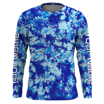 Maxcorners Custom Blue Tie dye camo Long Sleeve performance Fishing Shirts, personalized Fishing jerseys LM0201