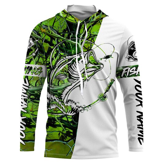 Maxcorners Largemouth Bass Custom Long sleeve performance Fishing Shirts, Bass Fishing jerseys | green camo LM0201