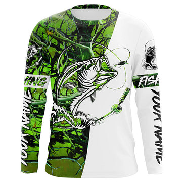 Maxcorners Largemouth Bass Custom Long sleeve performance Fishing Shirts, Bass Fishing jerseys | green camo LM0201