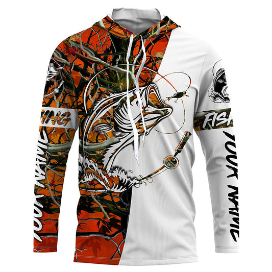 Maxcorners Bass Fishing Custom Long sleeve performance Fishing Shirts, Largemouth Bass Shirts | orange camo LM0201