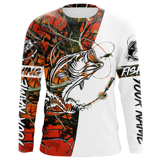 Maxcorners Bass Fishing Custom Long sleeve performance Fishing Shirts, Largemouth Bass Shirts | orange camo LM0201