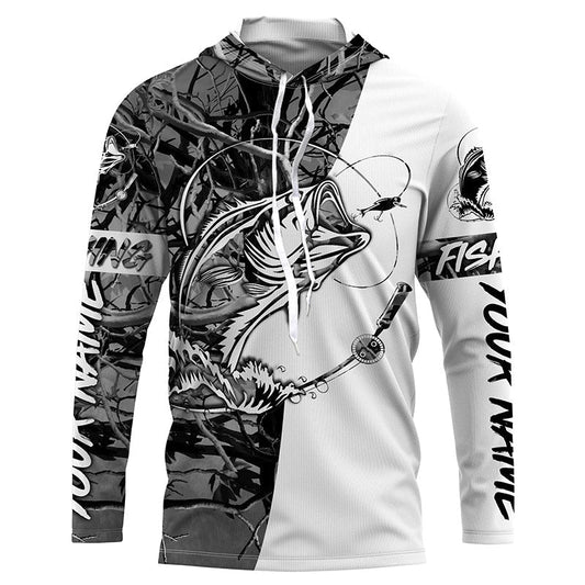 Maxcorners Bass Fishing Custom Long sleeve performance Fishing Shirts, Largemouth Bass Shirts | gray camo LM0201