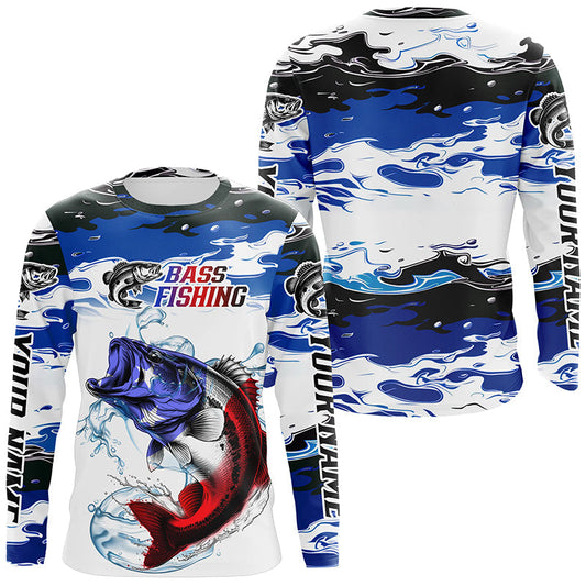 Maxcorners Custom Patriotic Bass Fishing Camo Jerseys, American Flag Bass Long Sleeve Fishing Shirts LM0201