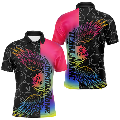 Maxcorners Colorful Rainbow Custom Bowling Tournament Men Polo Shirts, Bowling Ball And Wings Jerseys LM0803