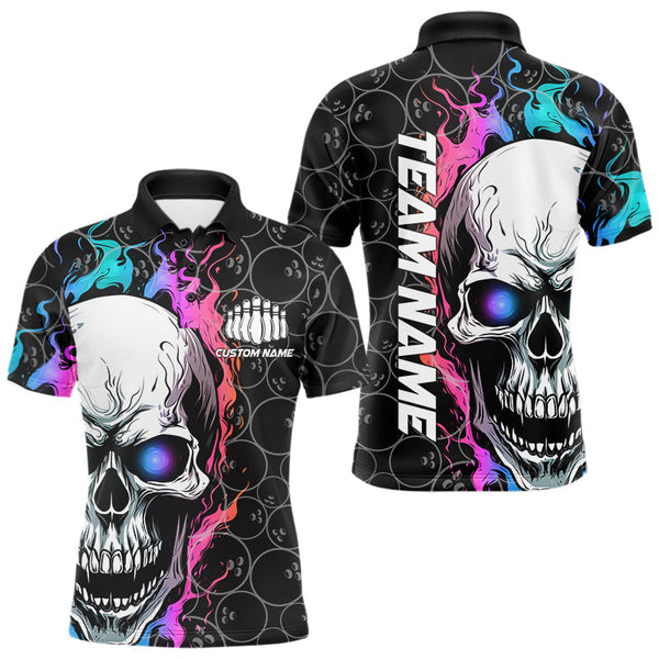 Maxcorners Custom Blue And Pink Flame Skull Bowling Men Polo Shirts, Bowling Pattern Team League Shirt LM0803