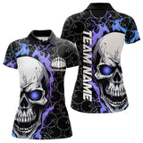 Maxcorners Custom Blue And Purple Flame Skull Bowling Men Polo Shirts, Bowling Pattern Team League Shirt LM0803