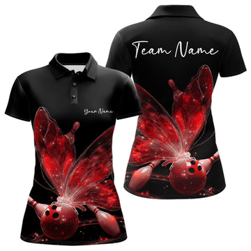 Custom Red Galaxy Butterfly Bowling Women Polo Shirts, Ladies Bowling Team Outfit LM1203