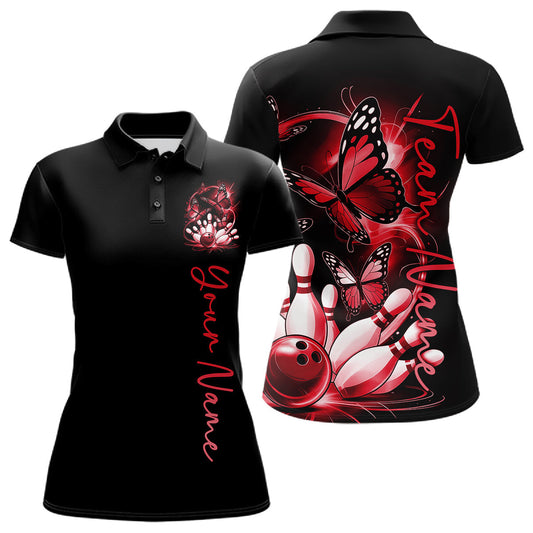 Custom Red Butterfly Bowling Women Polo Shirts With Team Name, Bowling Uniform LM1203