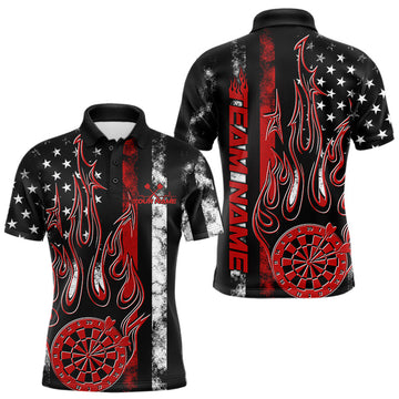 Maxcorners Custom Red Thin Line US Flag Patriotic Flame Dartboard Dart Men Polo Shirts, Dart Jerseys LM1903