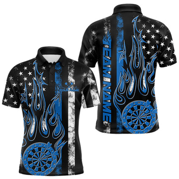 Maxcorners Custom Blue Thin Line US Flag Patriotic Flame Dartboard Dart Men Polo Shirts, Dart Jerseys LM1903