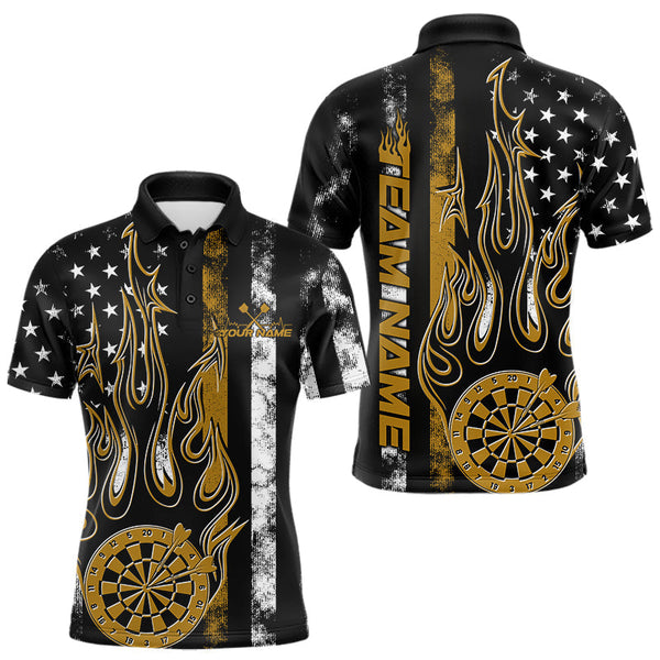 Maxcorners Custom Yellow Thin Line US Flag Patriotic Flame Dartboard Dart Men Polo Shirts, Dart Jersey TU1208