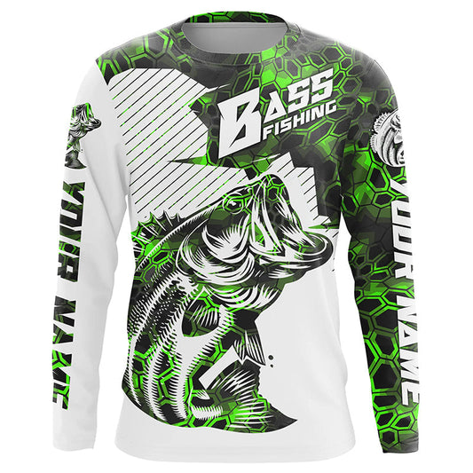 Maxcorners Personalized Bass Fishing Jerseys, Bass Fishing Long Sleeve Fishing Tournament Shirts | Green Camo LM0201