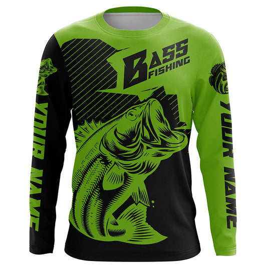 Maxcorners Personalized Bass Fishing Jerseys, Bass Fishing Long Sleeve Fishing Tournament Shirts | Green LM0201