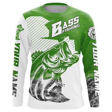 Maxcorners Personalized Bass Fishing Jerseys, Bass Fishing Long Sleeve Fishing Tournament Shirts | Green Camo LM0201