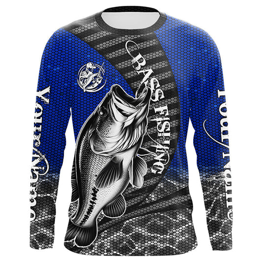Maxcorners Custom Largemouth Bass Long Sleeve Tournament Fishing Shirts, Bass Fishing Jerseys | Blue LM0201