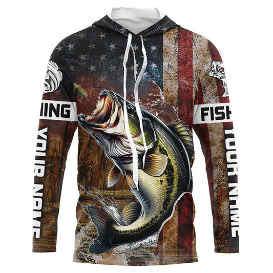 Maxcorners Vintage American Flag Bass Fishing Jerseys, Personalized Patriotic Bass Fishing Shirts For Fisherman LM0201