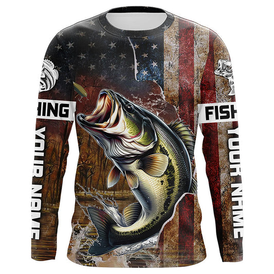 Maxcorners Vintage American Flag Bass Fishing Jerseys, Personalized Patriotic Bass Fishing Shirts For Fisherman LM0201
