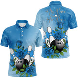 Maxcorners Custom Blue Valentine Bowling Polo Shirts For Men, Bowling And Roses Couple Bowling Outfits