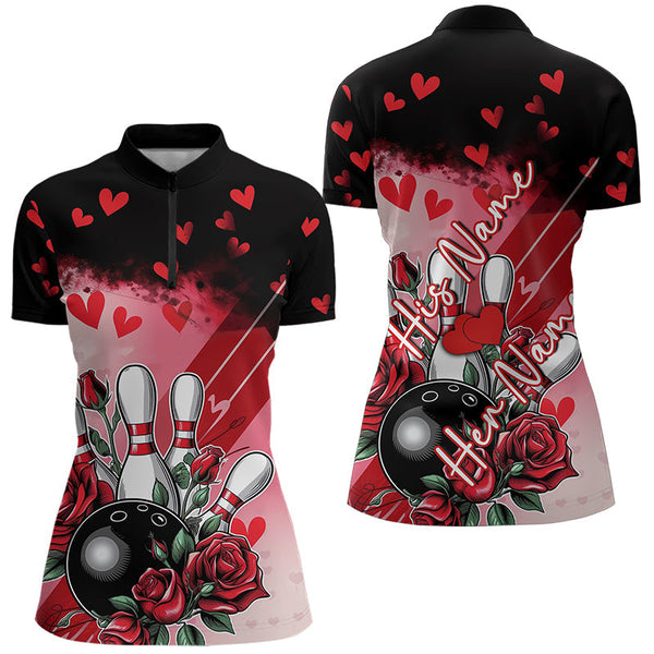 Maxcorners Custom Black And Red Heart Theme Valentine Bowling Polo Shirts For Men, Couple Bowling Shirt