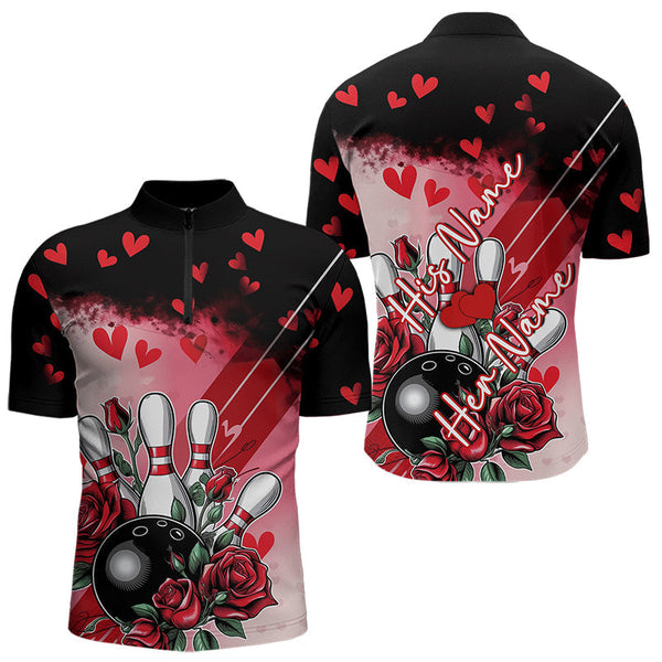 Maxcorners Custom Black And Red Heart Theme Valentine Bowling Polo Shirts For Men, Couple Bowling Shirt