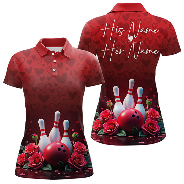 Maxcorners Red Heart Theme Custom Valentines Bowling Polo Shirt For Men, Couple Bowling Outfits