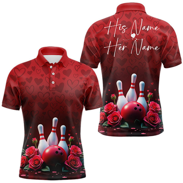 Maxcorners Red Heart Theme Custom Valentines Bowling Polo Shirt For Men, Couple Bowling Outfits