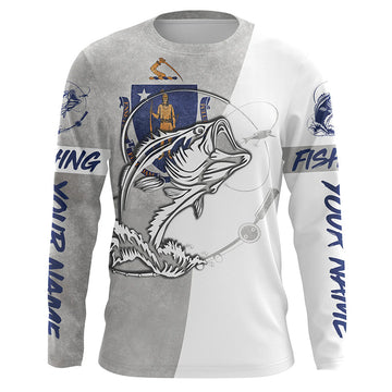 Maxcorners Custom Bass Fishing New Hampshire Flag Long Sleeve Fishing Shirts, NH Bass Fishing Jerseys LM0201