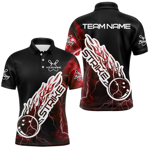 Maxcorners Custom Black And Red Thunder Lightning Strike Bowling Polo Shirts For Men Team Shirt