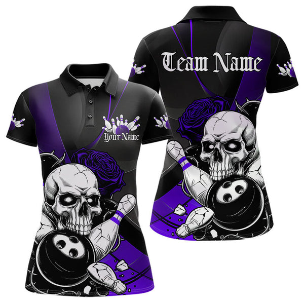 Maxcorners Custom Black And Purple Roses Skull Bowling Team Polo Shirts For Men, Skull Bowling Jerseys LM113