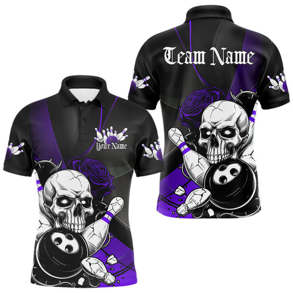 Maxcorners Custom Black And Purple Roses Skull Bowling Team Polo Shirts For Men, Skull Bowling Jerseys LM113