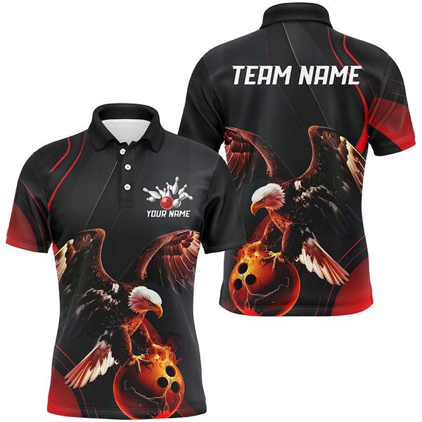 Maxcorners Bowling Ball And Pins Red Flame Eagle Customized Name, Team Anme 3D Polo Shirt