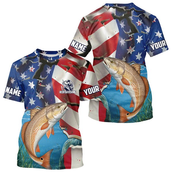 Maxcorners Custom American Flag Patriotic Redfish Fishing Long Sleeve Fishing Shirts, Redfish Jerseys MT2108