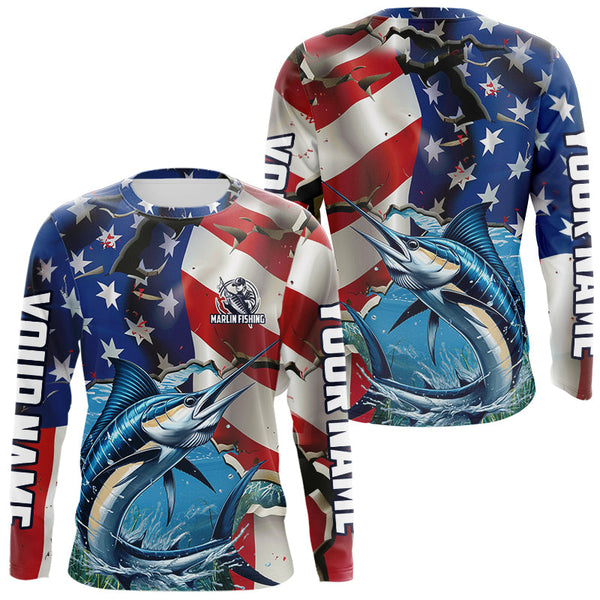 Maxcorners Custom American Flag Patriotic Marlin Fishing Long Sleeve Fishing Shirts, Marlin Jerseys MT2108