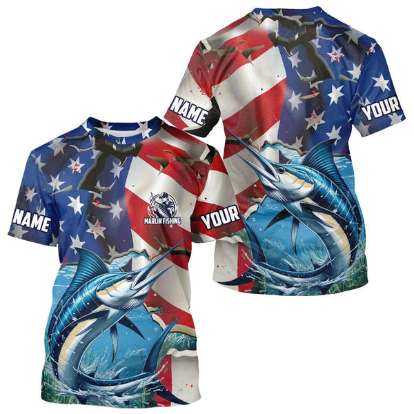 Maxcorners Custom American Flag Patriotic Marlin Fishing Long Sleeve Fishing Shirts, Marlin Jerseys MT2108
