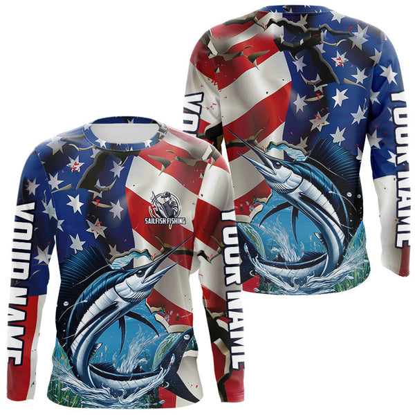 Maxcorners Custom American Flag Patriotic Sailfish Fishing Long Sleeve Fishing Shirts, Sailfish Jerseys MT2108