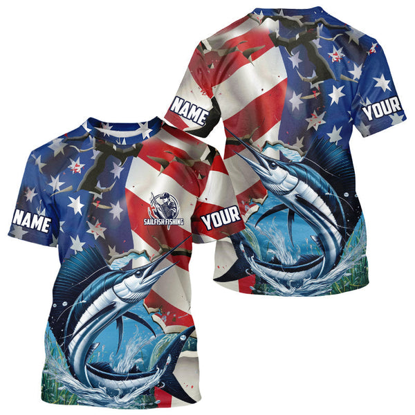 Maxcorners Custom American Flag Patriotic Sailfish Fishing Long Sleeve Fishing Shirts, Sailfish Jerseys MT2108