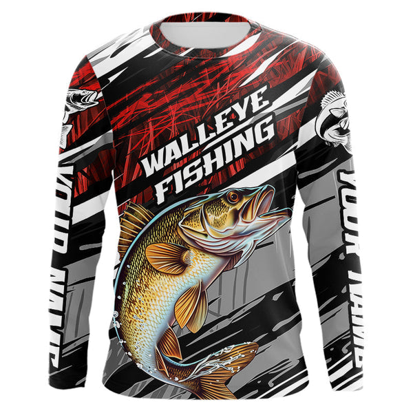 Maxcorners Custom Red Grass Camo Walleye Fishing Long Sleeve Tournament Fishing Shirts, Fishing Gifts MT2108