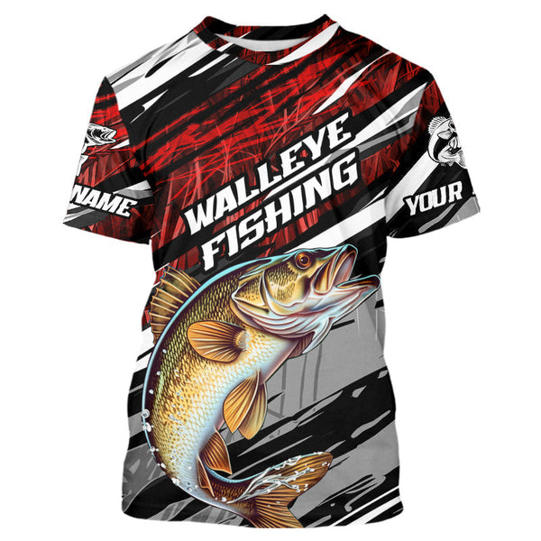 Maxcorners Custom Red Grass Camo Walleye Fishing Long Sleeve Tournament Fishing Shirts, Fishing Gifts MT2108