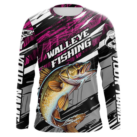 Maxcorners Custom Pink Grass Camo Walleye Fishing Long Sleeve Tournament Fishing Shirts, Fishing Gifts MT2108