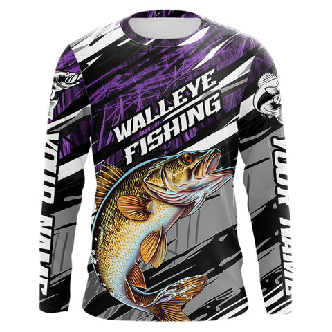 Maxcorners Custom Purple Grass Camo Walleye Fishing Long Sleeve Tournament Fishing Shirts, Fishing Gifts MT2108