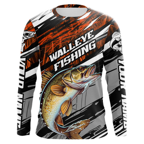 Maxcorners Custom Orange Grass Camo Walleye Fishing Long Sleeve Tournament Fishing Shirts, Fishing Gifts MT2108